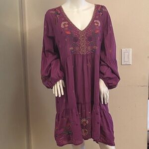 Johnny Was Plum 3/4  Sleeve Dress with Floral Embroidery